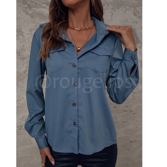 Blue Casual Button Up / Down Shirt Collar, V-Neck Button Front Long Sleeve - Picture 4 of 10